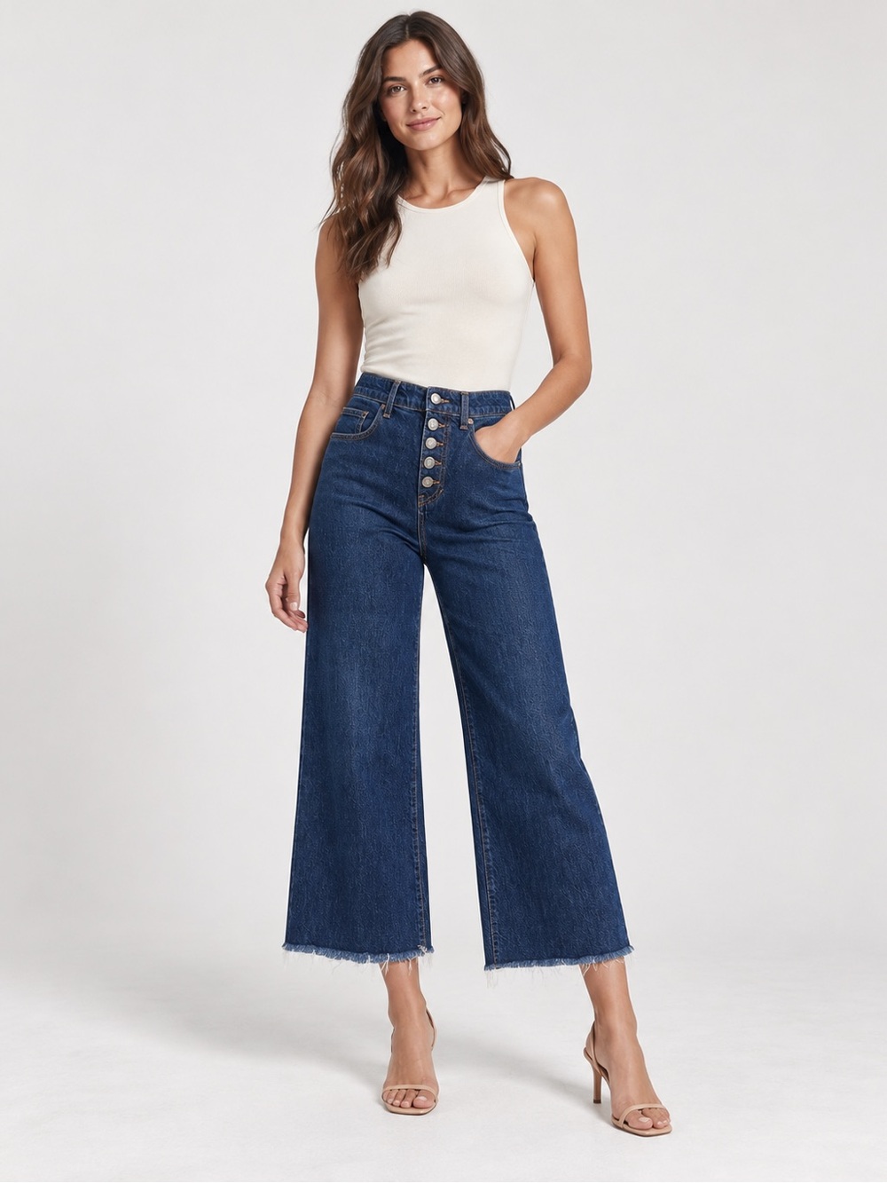 Veronica Beard Jeans High Rise Wide Leg Cropped Jeans Size 25 Dark Wash Raw Hem